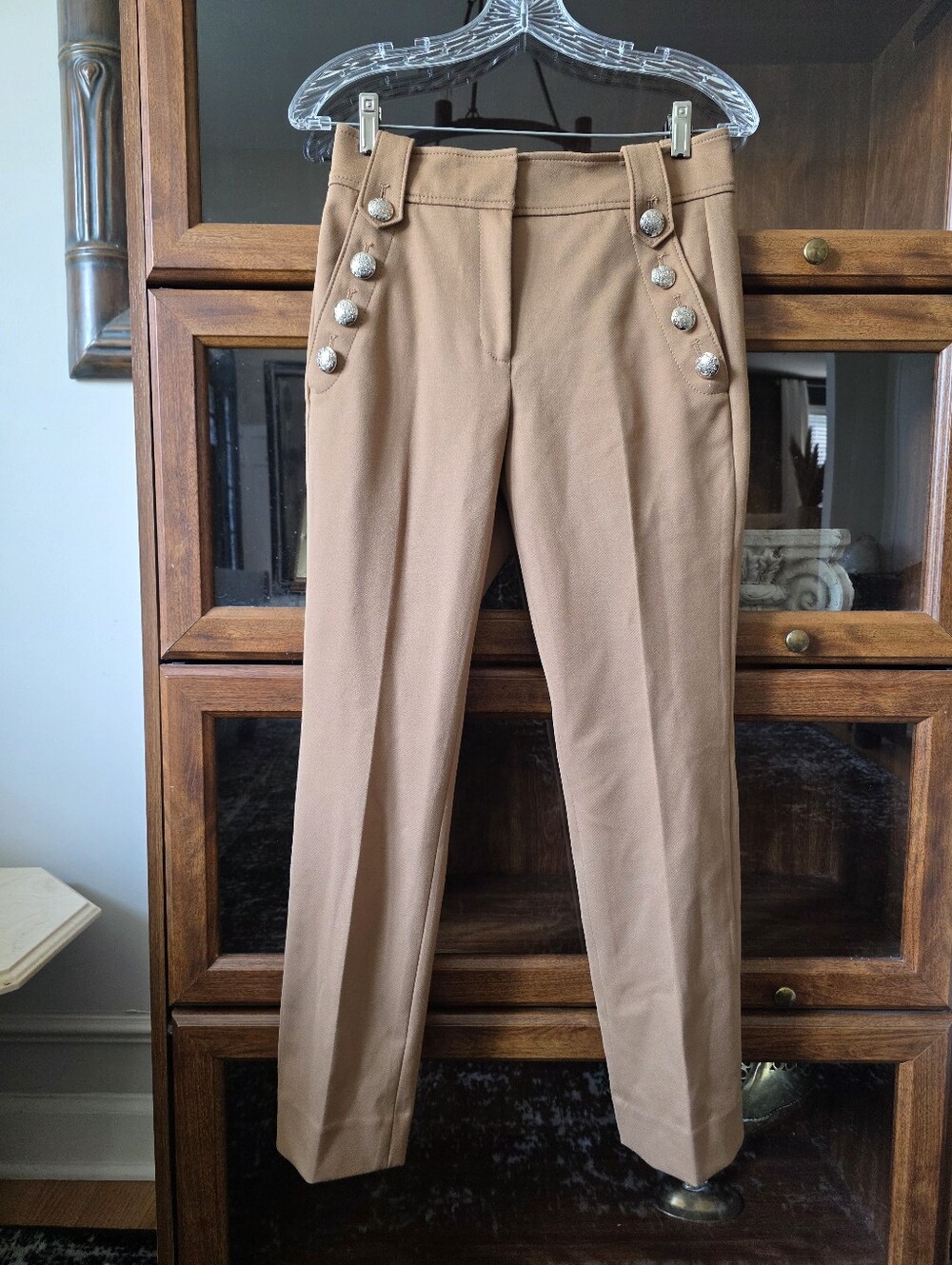 WHBM Jolie Straight Leg Pants Women's 4 Camel Tan Stretch Gold Buttons Trouser